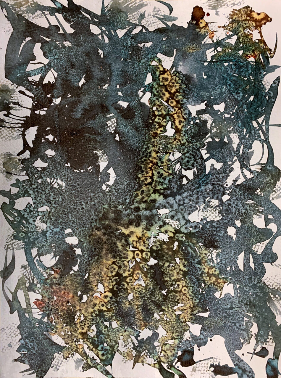 abstract watercolor painting of gray and black ribbons with what looks like the shape and colors of a giraffe emerging from the center
