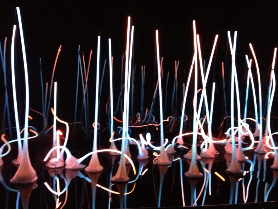 Pink and white tall glass sculptures against a black background